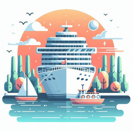 Cruise ship in the sea. Vector illustration in flat style.のイラスト素材