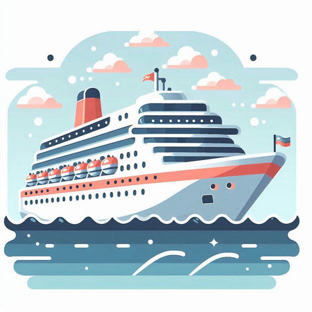 Cruise ship on the water. Vector illustration in flat style.のイラスト素材