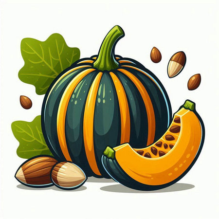 Pumpkin with seeds and nuts on white background. Vector illustration.のイラスト素材