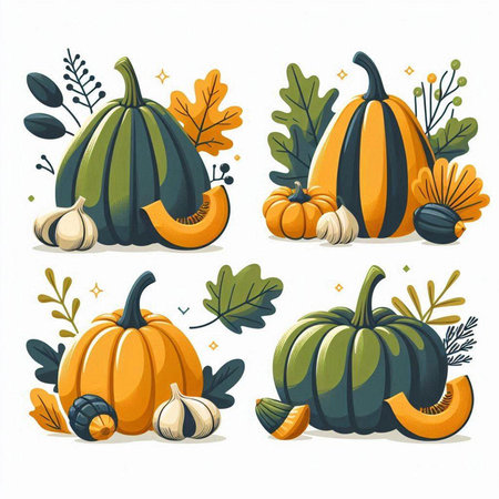 Set of pumpkins with leaves and berries. Vector illustration in cartoon style.のイラスト素材