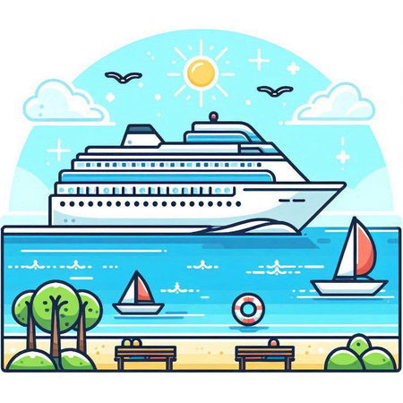 Cruise ship on the background of the sea. Vector illustration.のイラスト素材
