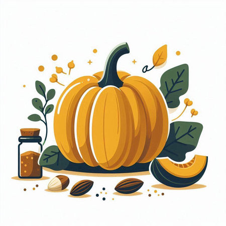 Pumpkin, seeds, nuts and herbs. Vector illustration.のイラスト素材