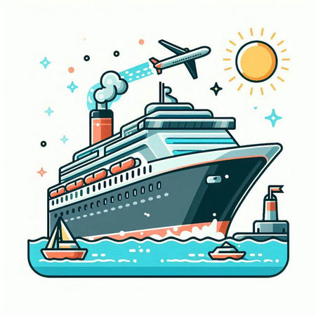 Cruise ship. Vector illustration in doodle style on white background.のイラスト素材