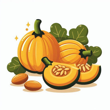 Pumpkin with leaves and seeds isolated on white background. Vector illustration.のイラスト素材