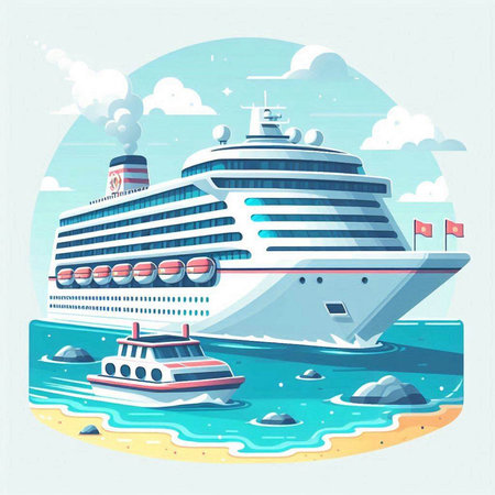 Vector illustration of a cruise ship on the seashore in flat styleのイラスト素材