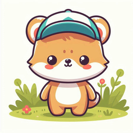 Cute cartoon hamster in cap sitting on grass. Vector illustrationのイラスト素材