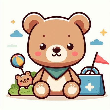 Cute teddy bear with toys. Vector illustration in cartoon styleのイラスト素材