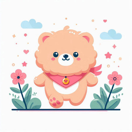 Cute bear with flower and heart. Vector illustration in flat styleのイラスト素材