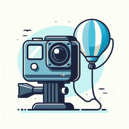 Camera with hot air balloon. Vector illustration in flat cartoon style.のイラスト素材