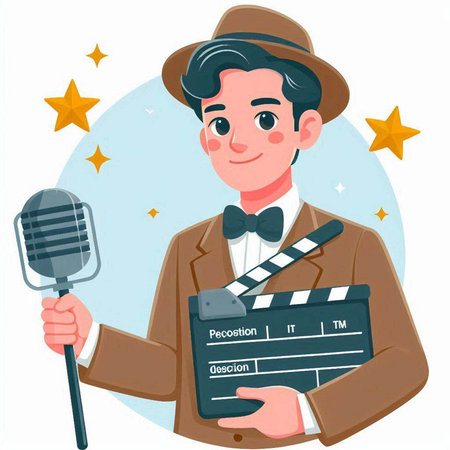 Vector illustration of a man in a hat holding a clapperboardのイラスト素材