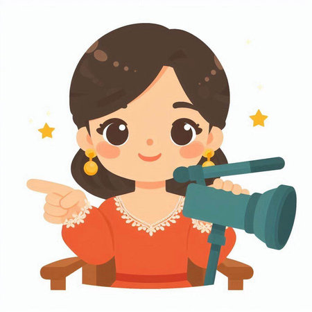 Illustration of a Kid Girl Holding a Telescope and Pointing at Somethingのイラスト素材