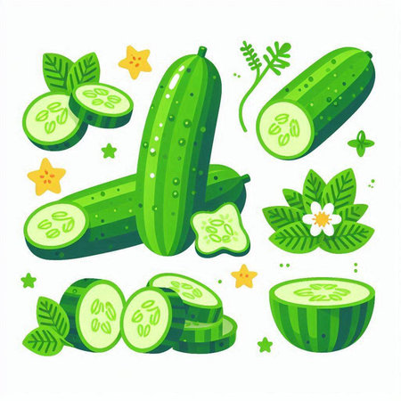 Cucumber vegetable vector illustration. Cucumber slice, whole and cut.のイラスト素材