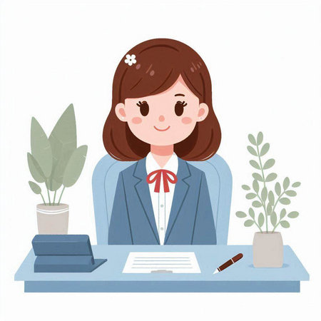 Young business woman sitting at a desk.She's smiling and looking at the camera.のイラスト素材