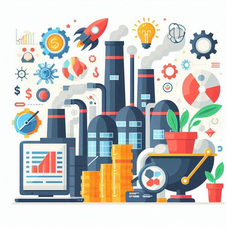 Flat design vector illustration concept of business and finance. Power station, factory, plant, rocket, money.のイラスト素材