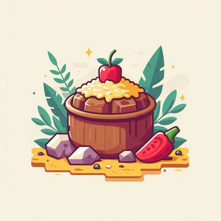 Illustration of a pie in a wooden bowl with a cherry on topのイラスト素材