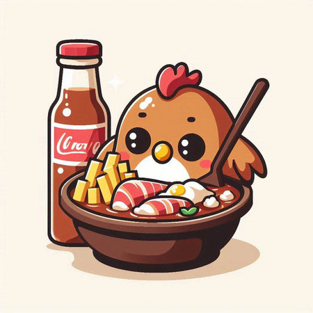 chicken with bowl of noodle and kawaii food illustrationのイラスト素材