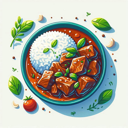 Illustration of a bowl of beef stew with rice and vegetables.のイラスト素材