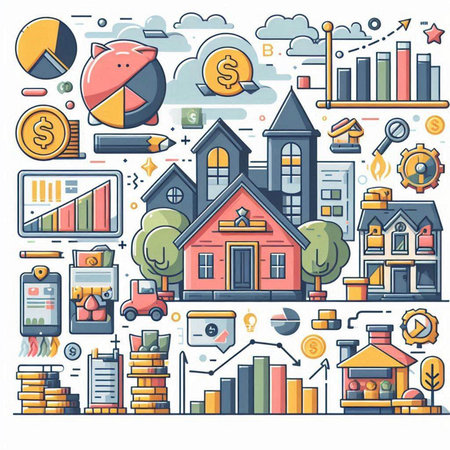 Real estate and property investment doodle icons set. Vector illustrationのイラスト素材