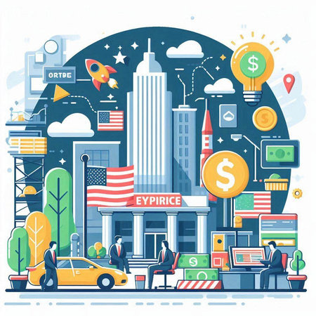 Flat design modern vector illustration concept of business and finance, bank, office building, real estate agency, rocket, money, car, coins and people.のイラスト素材