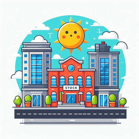 Vector illustration of school building with sun and clouds in flat style.のイラスト素材