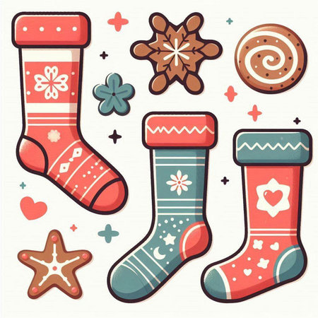 Set of christmas socks, gingerbread cookies, snowflakes and stars. Vector illustration.のイラスト素材