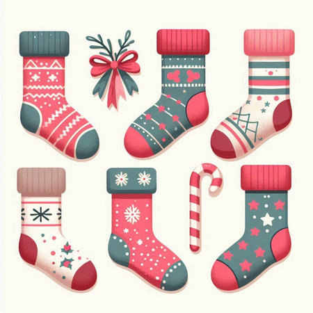 Christmas socks set. Vector illustration of christmas socks with different patterns.のイラスト素材