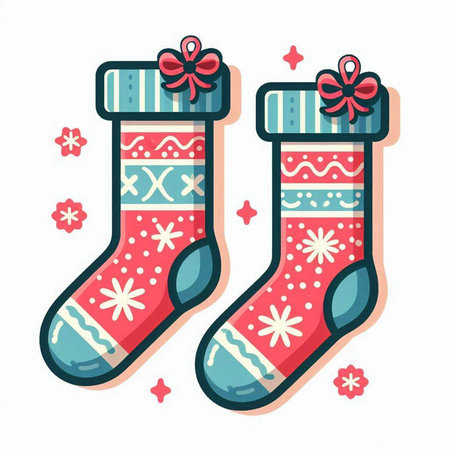 Christmas socks with bows and ribbons. Vector illustration in flat style.のイラスト素材