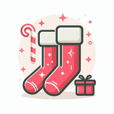 Christmas stocking with candy cane and present. Vector illustration in flat style.のイラスト素材
