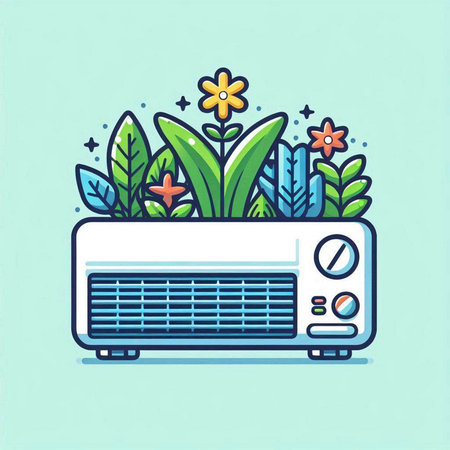 Modern air conditioner with flowers and plants. Flat vector illustration.のイラスト素材