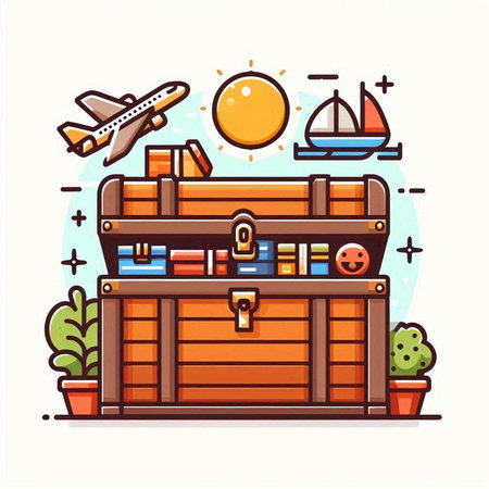 Treasure chest, travel concept, vector illustration in line art styleのイラスト素材