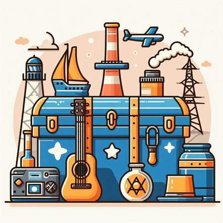 Travel and tourism concept. Vector illustration of a suitcase with tourist attractions.のイラスト素材