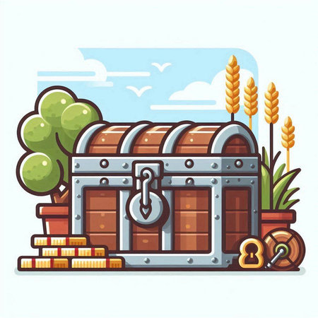 Wooden chest on the background of a wheat field. Vector illustrationのイラスト素材