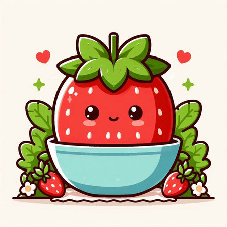 Strawberry in bowl. Cute cartoon character. Vector illustration.のイラスト素材