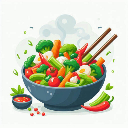 Vegetables salad in bowl with chopsticks. Vector illustration.のイラスト素材