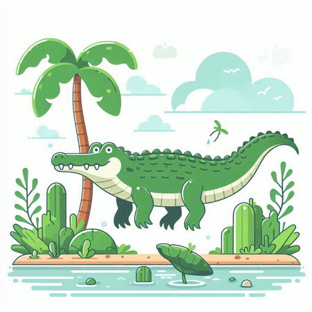 Crocodile on the island. Vector illustration in cartoon styleのイラスト素材