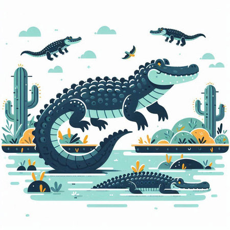 Crocodile and cactuses in the desert. Vector illustration.のイラスト素材