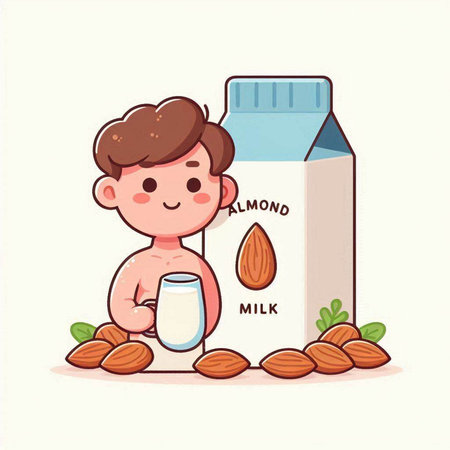 Almond milk in a bottle with a little boy. Vector illustration.のイラスト素材