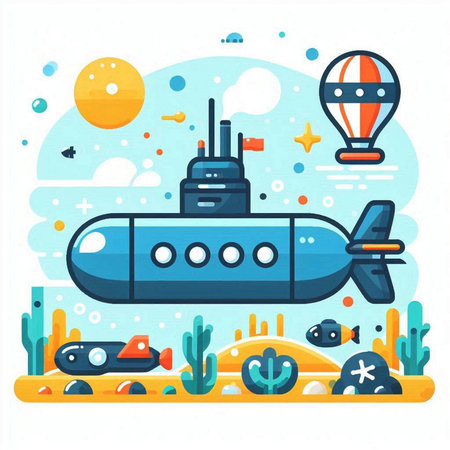 Submarine flat color vector illustration. Submarine on the background of the sea.のイラスト素材