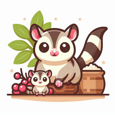 Cute cartoon raccoon sitting on basket full of berries. Vector illustration.のイラスト素材