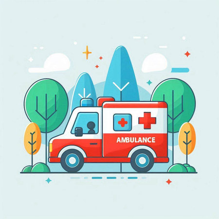 Ambulance car in the forest. Flat design vector illustration.のイラスト素材