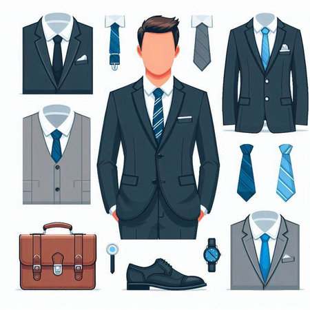 Vector set of men's suits and accessories. Businessman with a briefcase, tie, jacket, shirt, shoes, belt, watch.のイラスト素材