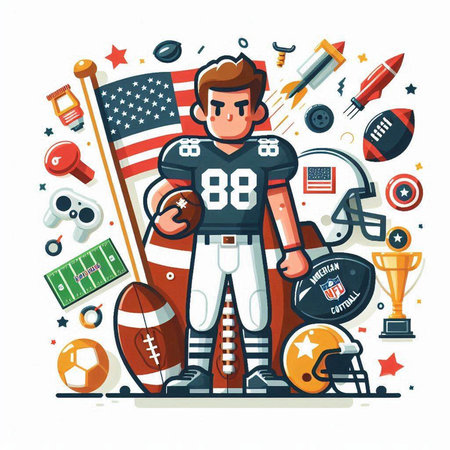 American football player and american football elements. Flat vector illustration.のイラスト素材