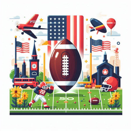 American football background with american symbols. Vector illustration in flat styleのイラスト素材