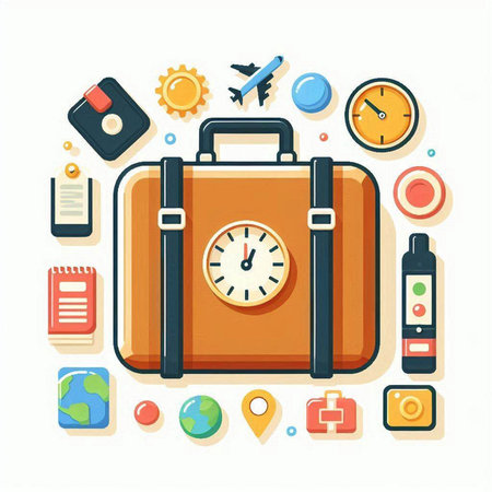 Travel icon set. Suitcase, passport, tickets, compass, airplane, map, watch. Flat style vector illustration.のイラスト素材