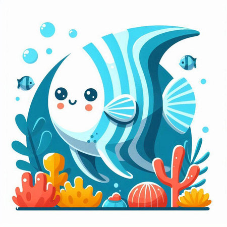 Cute cartoon blue sea fish swimming under water. Vector illustration.のイラスト素材