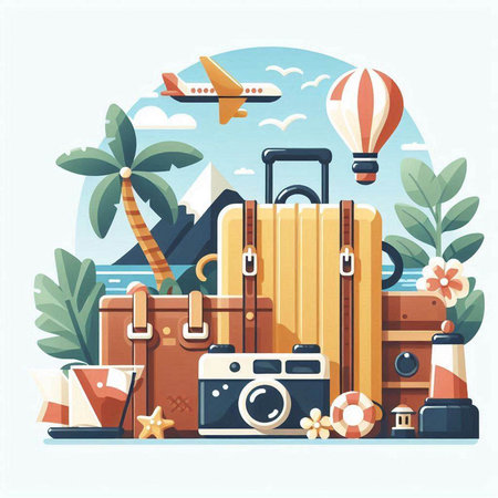 Travel and tourism concept with suitcase, camera, airplane and palm trees. Vector illustrationのイラスト素材