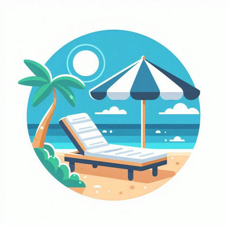 Beach with sunbed and umbrella. Vector illustration in flat styleのイラスト素材