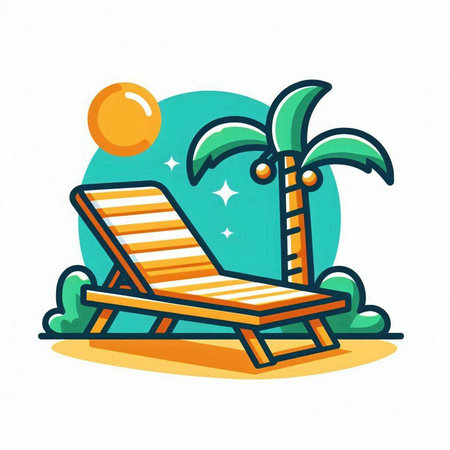 Beach chair with palm trees and sun. Vector illustration in flat styleのイラスト素材
