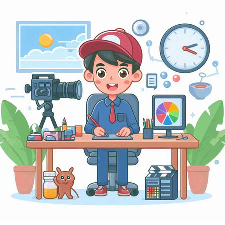 Cute little boy in the office. Vector illustration in cartoon style.のイラスト素材