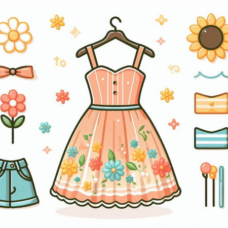 Illustration of a Cute Fashionable Dress with Flowers and Accessoriesのイラスト素材